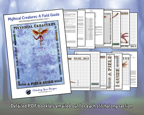 Mythical Creatures: A Field Guide Stitchalong. Detailed PDF booklets emailed out for each stitchalong section.