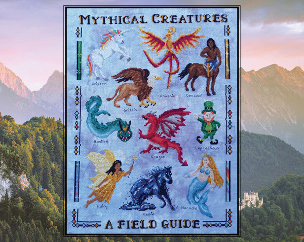 Mythical Creatures: A Field Guide cross stitch pattern. Picture of whole piece.
