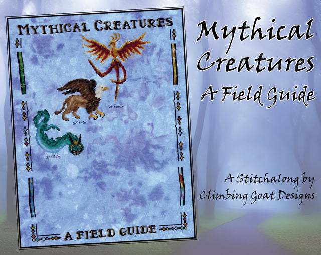 Mythical Creatures: A Field Guide. A Stitchalong by Climbing Goat Designs. Photograph of border of piece, Phoenix,Griffin and Basilisk.