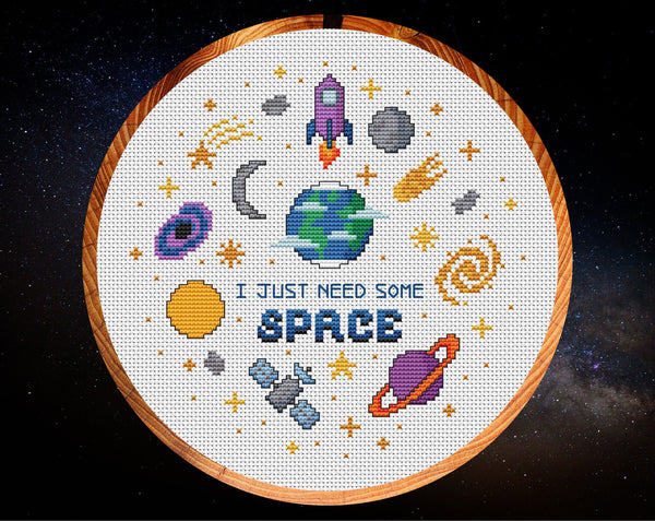 I Just Need Some Space cross sittch pattern. Fun astronomy motifs. Design on white fabric in hoop.