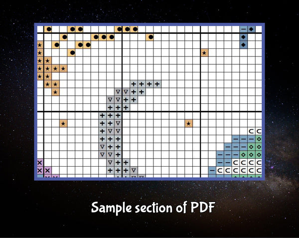 I Just Need Some Space cross sittch pattern. Fun astronomy motifs. Sample section of PDF.