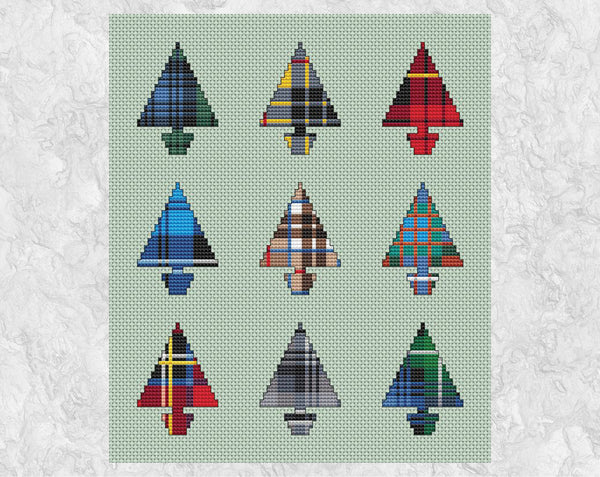 Nine Tartan Christmas Trees cross stitch pattern. Set of nine mini Christmas tree shapes filled with different Scottish tartan patterns. Shown without frame.