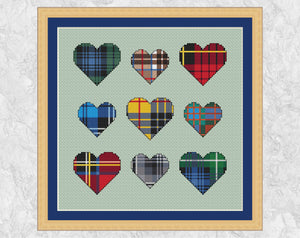 Nine Tartan Hearts cross stitch pattern. Mini hearts filled with different Scottish tartan patterns. Shown with frame.