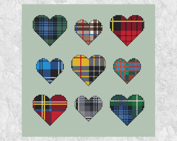 Nine Tartan Hearts cross stitch pattern. Mini hearts filled with different Scottish tartan patterns. Shown without frame.
