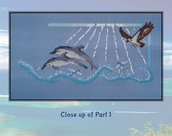 Ocean: Wonders of the Seas. A stitchalong by Climbing Goat Designs. Close up of Part 1, showing dolphins, osprey and flying fish.