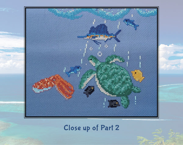 Ocean: Wonders of the Seas. A stitchalong by Climbing Goat Designs. Close up of Part 2, showing swordfish, green sea turtle, cuttlefish and fish.