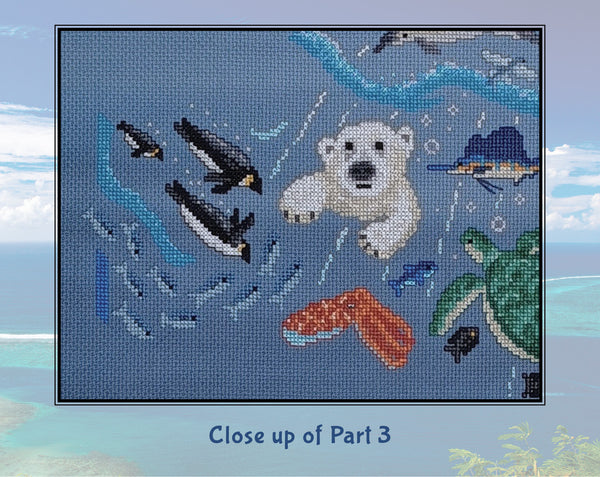 Ocean: Wonders of the Seas. A stitchalong by Climbing Goat Designs. Close up of Part 3, showing polar bear, penguins and herring.