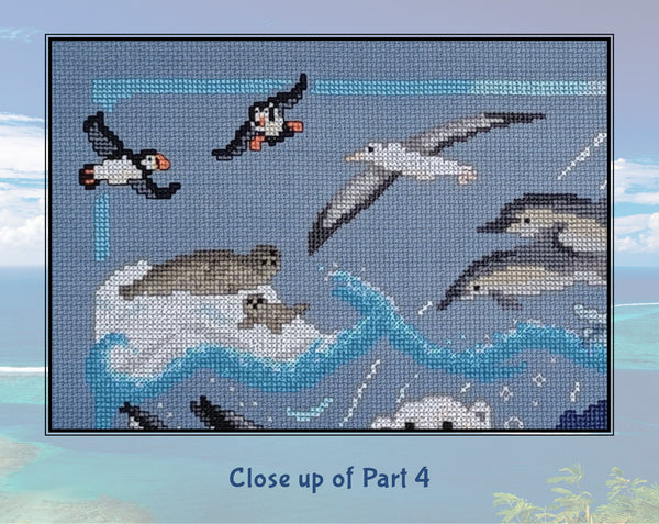 Ocean: Wonders of the Seas. A stitchalong by Climbing Goat Designs. Close up of Part 4, showing harbour seals, Atlantic puffins and a wandering albatross.