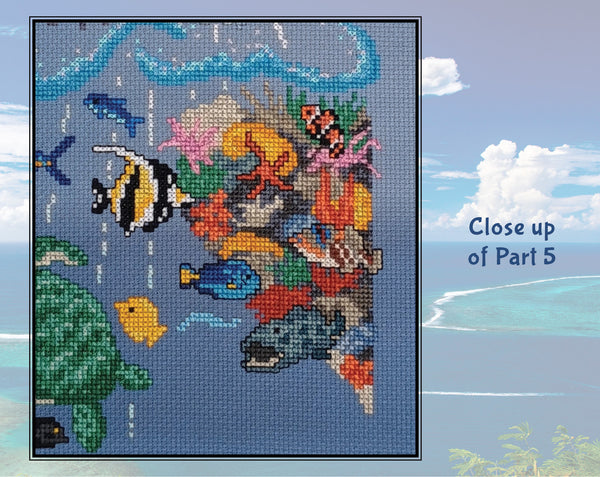 Ocean: Wonders of the Seas. A stitchalong by Climbing Goat Designs. Close up of Part 4, showing a brightly coloured coral reef.