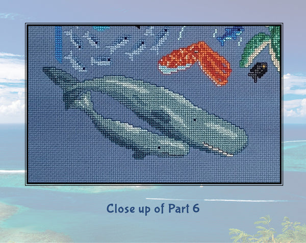 Ocean: Wonders of the Seas. A stitchalong by Climbing Goat Designs. Close up of Part 6, showing a sperm whale and calf.