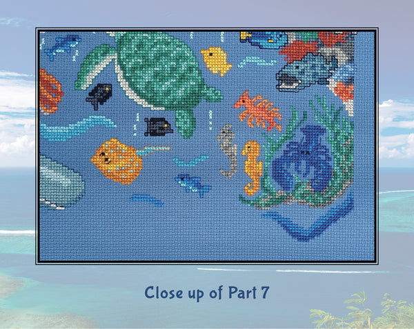 Ocean: Wonders of the Seas. A stitchalong by Climbing Goat Designs. Close up of Part 7, showing a ray, lobster, sea grasses and seahorses.
