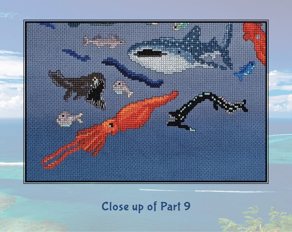 Ocean: Wonders of the Seas. A stitchalong by Climbing Goat Designs. Close up of Part 9, showing a colossal squid, stoplight loosejaw, black dragonfish and two lovely hatchetfish.