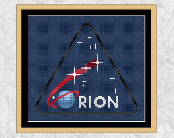Orion Mission Patch cross stitch pattern. Shown with frame.