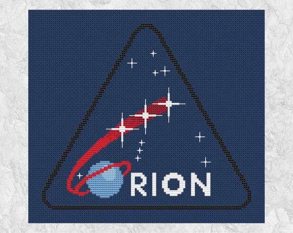 Orion Mission Patch cross stitch pattern. Shown without frame.