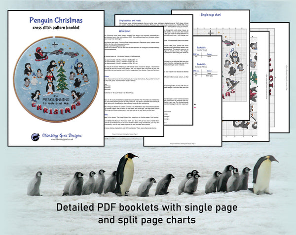 Penguin Christmas cross stitch pattern. Detailed PDF booklets with single page and split page charts.