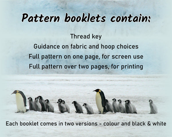 Penguin Christmas cross stitch pattern. 

Pattern booklets contain:
Thread key
Guidance on fabric and hoop choices
Full pattern on one page, for screen use
Full pattern over two pages, for printing

Each booklet comes in two versions - colour and black & white