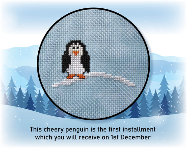 Penguins Advent Calendar Stitchalong cross stitch pattern. Image of first stitched penguin. Text reads: This cheery penguin is the first installment which you will receive on 1st December.
