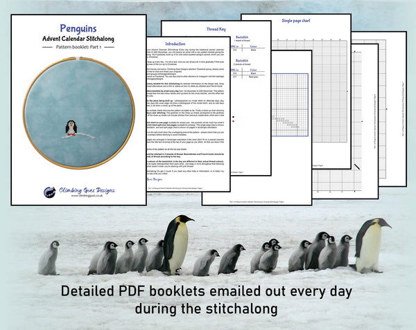 Penguins Advent Calendar Stitchalong cross stitch pattern. Detailed PDF booklets emailed out every day during the stitchalong.