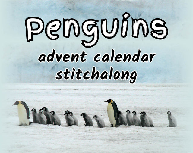 Penguins Advent Calendar Stitchalong cross stitch pattern. Image shows photograph of two adult penguins and lots of chicks walking across snow.