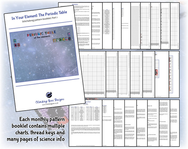 In Your Element: The Periodic Table Stitchalong cross stitch pattern by Climbing Goat Designs

Each monthly pattern booklet contains multiple charts, thread keys and many pages of science info