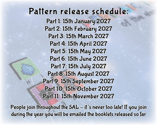 In Your Element: The Periodic Table Stitchalong by Climbing Goat Designs

Pattern release schedule:

Part 1: 15th January 2027
Part 2: 15th February 2027
Part 3: 15th March 2027
Part 4: 15th April 2027
Part 5: 15th May 2027
Part 6: 15th June 2027
Part 7: 15th July 2027
Part 8: 15th August 2027
Part 9: 15th September 2027
Part 10: 15th October 2027
Part 11: 15th November 2027

People join throughout the SAL - it's never too late! If you join during the year you will be emailed the booklets released so far