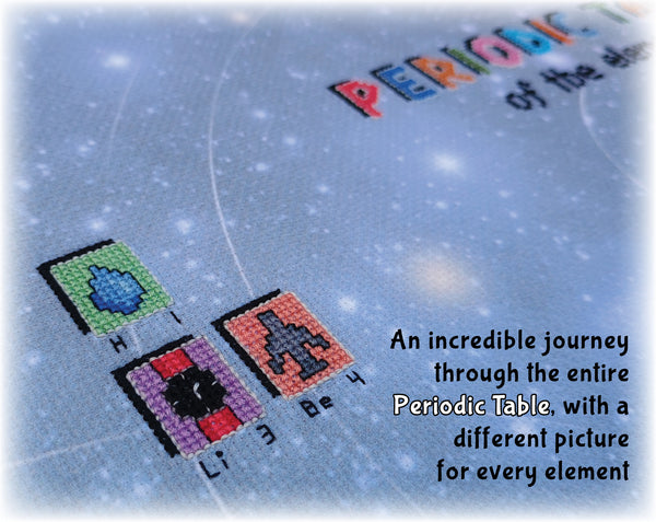 In Your Element: The Periodic Table Stitchalong cross stitch pattern by Climbing Goat Designs. 

An incredible journey through the entire Periodic Table, with a different picture for every element