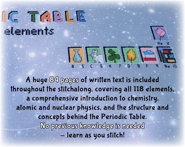 In Your Element: The Periodic Table Stitchalong cross stitch pattern by Climbing Goat Designs

A huge 84 pages is included throughout the stitchalong, covering all 118 elements, a comprehensive introduction to chemistry, atomic and nuclear physics, and the structure and concepts behind the Periodic Table. No previous knowledge is needed - learn as you stitch!