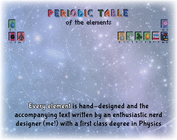 In Your Element: The Periodic Table Stitchalong cross stitch pattern by Climbing Goat Designs

Every element is hand-designd and the accompanyint text written by an enthusiastic nerd designer (me!) with a first class degree in Physics