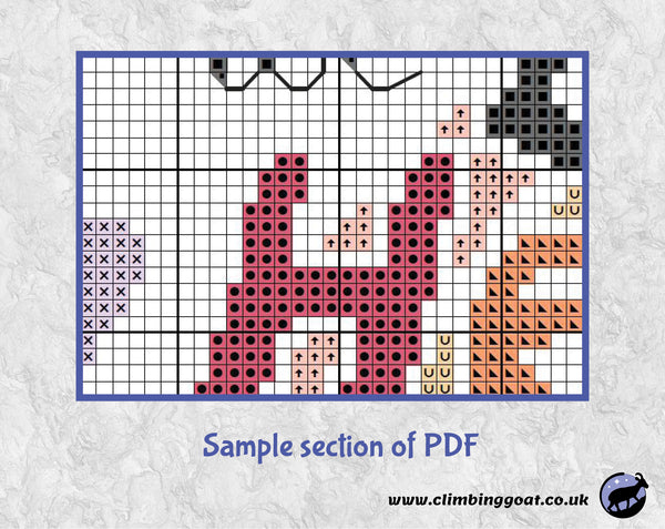 Pet memorial cross stitch pattern with the words "Because someone we love is in heaven, there is a little bit of heaven in our home" arranged over a pastel rainbow. Sample section of PDF.