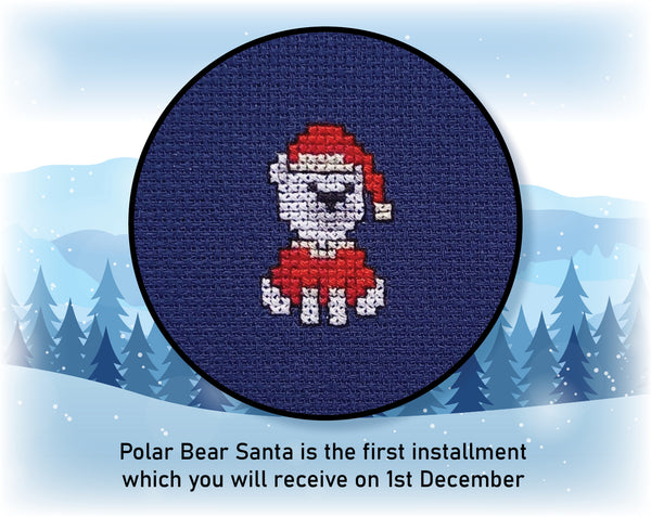 Polar Bears Advent Calendar Stitchalong cross stitch pattern by Climbing Goat Designs. Polar Bear Santa is the first installment which you will receive on 1st December.