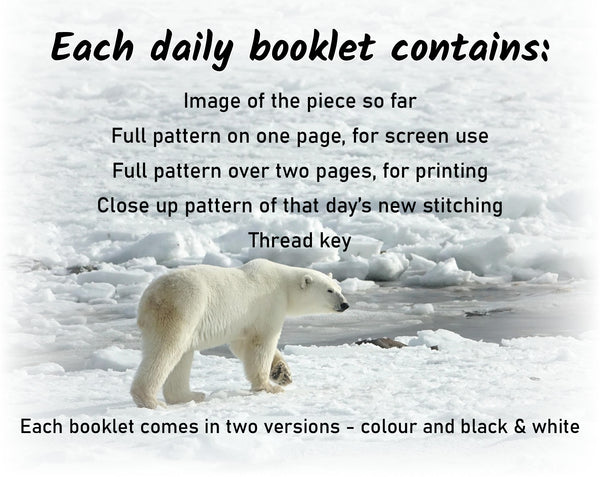 Polar Bears Advent Calendar Stitchalong cross stitch pattern by Climbing Goat Designs. 

Each daily booklet contains:
Image of the piece so far
Full pattern on one page, for screen use
Full pattern over two pages, for printing
Close up pattern of that day's new stitching
Thread key

Each booklet comes in two versions - colour and black & white