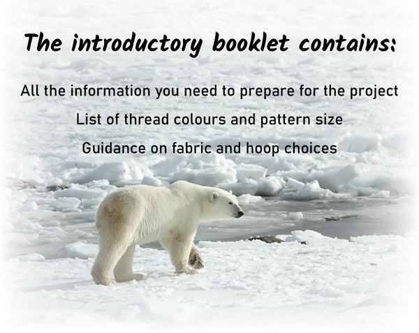 Polar Bears Advent Calendar Stitchalong cross stitch pattern by Climbing Goat Designs.

The introductory booklet contains:
All the information you need to prepare for the project
List of thread colours and pattern size
Guidance on fabric and hoop choices