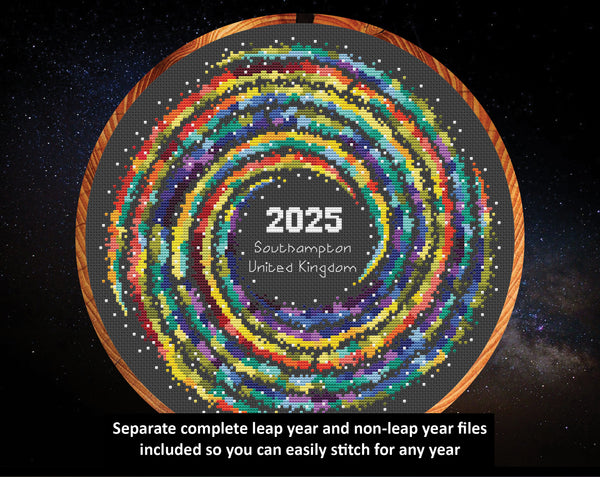 Rainbow Temperature Galaxy cross stitch pattern - a cross stitch chart of a colourful spiral shape with each spiral arm coloured in shades of the rainbow to show temperatures throughout the year. The text reads: 'Separate leap year and non-leap year files included so you can easily stitch for any year'