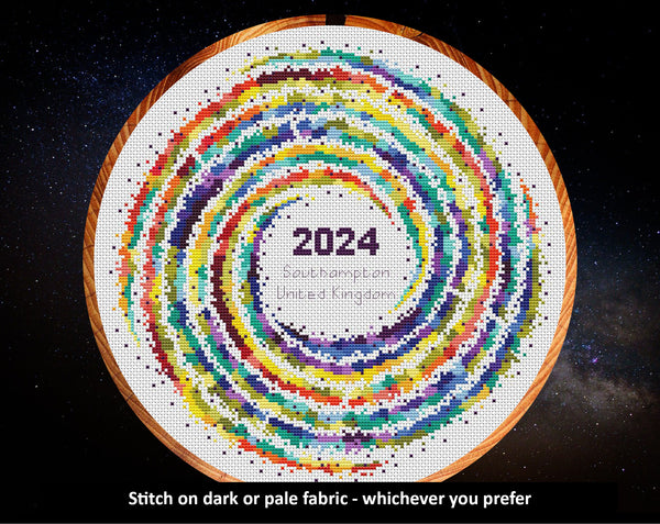 Rainbow Temperature Galaxy cross stitch pattern - image of the piece on white in 11 inch hoop. Maximum and minimum temperatures pattern version. Text reads 'Stitch on dark or pale fabric - whichever you prefer'