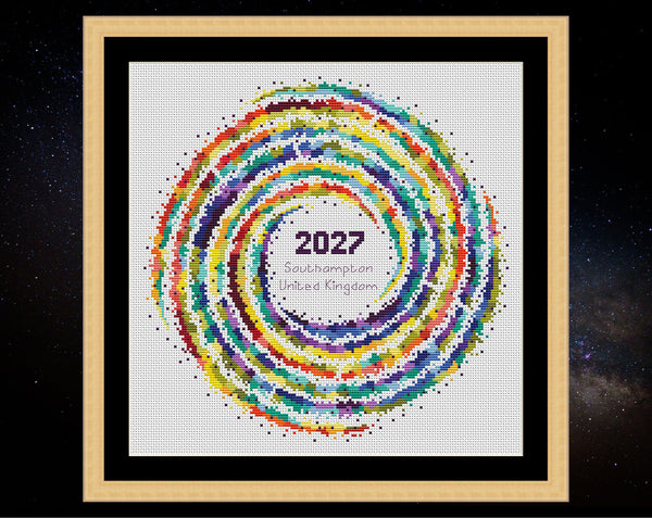 Rainbow Temperature Galaxy cross stitch pattern by Climbing Goat Designs - maximum and minimum temperatures version. Shown in frame on white fabric.