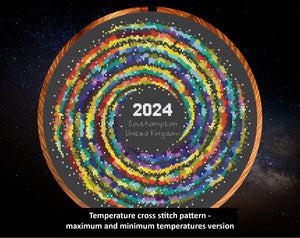 Rainbow Temperature Galaxy cross stitch pattern - a cross stitch chart of a colourful spiral shape with each spiral arm coloured in shades of the rainbow to show temperatures throughout the year. The text reads: 'Temperature cross stitch pattern - maximum and minimum temperatures version"