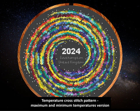 Rainbow Temperature Galaxy cross stitch pattern - a cross stitch chart of a colourful spiral shape with each spiral arm coloured in shades of the rainbow to show temperatures throughout the year. The text reads: 'Temperature cross stitch pattern - maximum and minimum temperatures version"