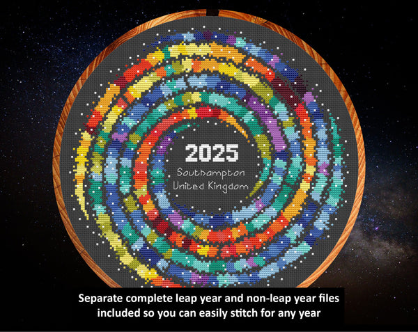 Rainbow Temperature Galaxy cross stitch pattern - a cross stitch chart of a colourful spiral shape with each spiral arm coloured in shades of the rainbow to show temperatures throughout the year. The text reads: 'Separate leap year and non-leap year files included so you can easily stitch for any year'