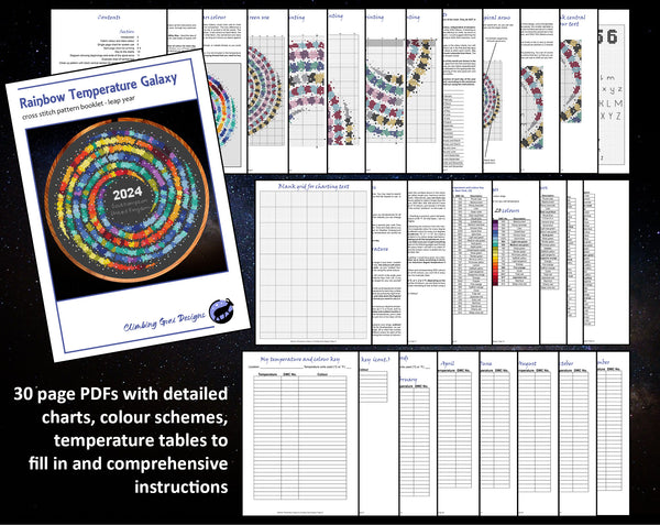 Rainbow Temperature Galaxy cross stitch pattern - image showing all 30 pages of the colour PDF booklet laid out. Text reads: '30 page PDFs with detailed charts, colour schemes, temperature tables to fill in and comprehensive instructions'