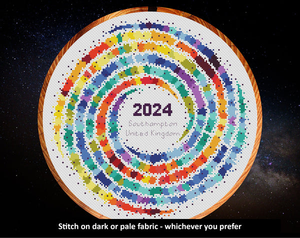 Rainbow Temperature Galaxy cross stitch pattern - image of the piece on white in 11 inch hoop, with caption reading 'Stitch on dark or pale fabric - whichever you prefer'