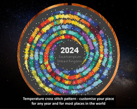 Rainbow Temperature Galaxy cross stitch pattern - a cross stitch chart of a colourful spiral shape with each spiral arm coloured in shades of the rainbow to show temperatures throughout the year. The text reads: 'Temperature cross stitch pattern - customise your piece for any year and for most places in the world.'