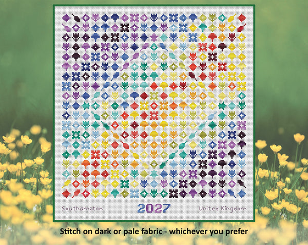Rainbow Temperature Garden cross stitch pattern by Climbing Goat Designs - maximum temperatures version. Stitch on dark or pale fabric - whichever you prefer.