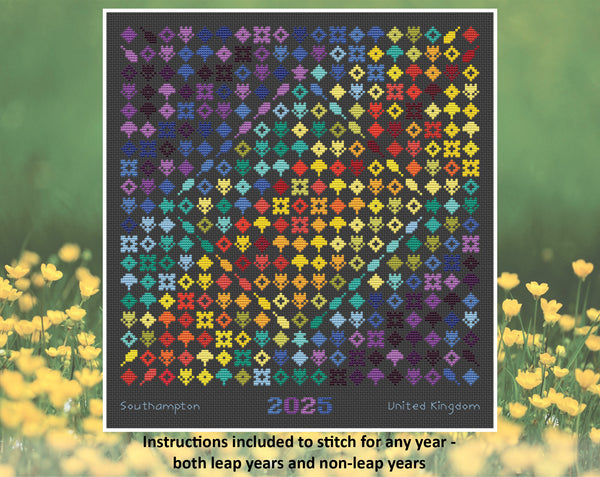 Rainbow Temperature Garden cross stitch pattern. Instructions included to stitch for any year - both leap years and non-leap years