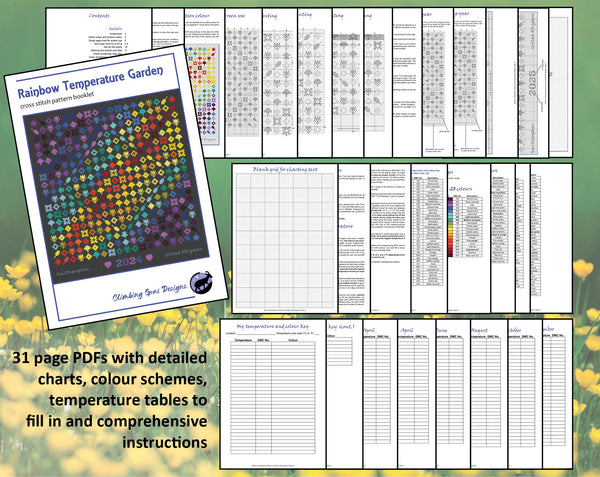 Rainbow Temperature Garden cross stitch pattern. 31 page PDFs with detailed charts, colour schemes, temperature tables to fill in and comprehensive instructions.