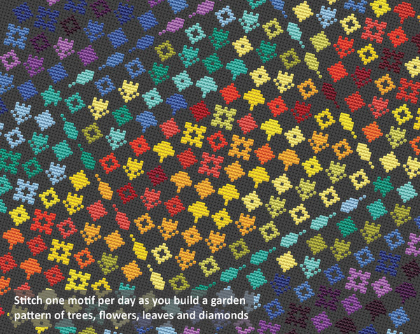 Rainbow Temperature Garden cross stitch pattern by Climbing Goat Designs - maximum temperatures version. Stitch one motif per day as you build a garden pattern of trees, flowers, leaves and diamonds.