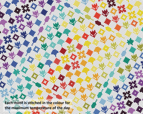 Rainbow Temperature Garden cross stitch pattern. Each motif is stitched in the colour for the maximum temperature of the day.