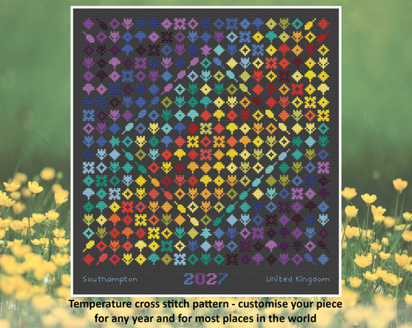 Rainbow Temperature Garden cross stitch pattern by Climbing Goat Designs - maximum temperatures version. Customise your piece for any year and for most places in the world.