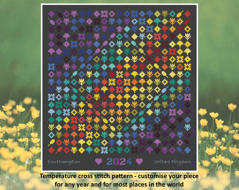 Rainbow Temperature Garden cross stitch pattern - maximum temperatures version. Customise your piece for any year and for most places in the world.