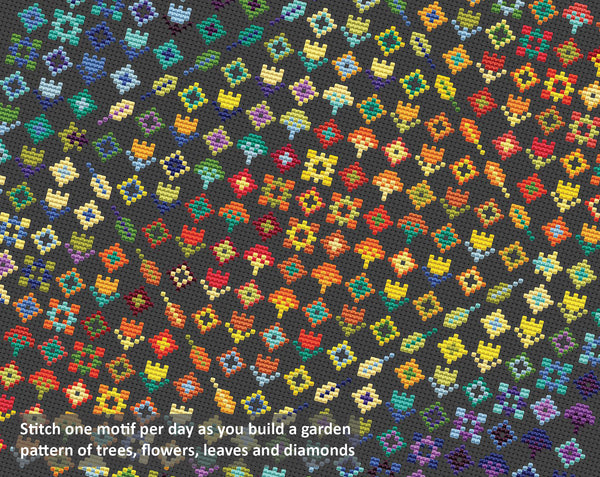 Temperature Garden cross stitch pattern by Climbing Goat Designs - maximum and mimimum temperatures version. Stitch one motif per day as you build a garden pattern of trees, flowers, leaves and diamonds.