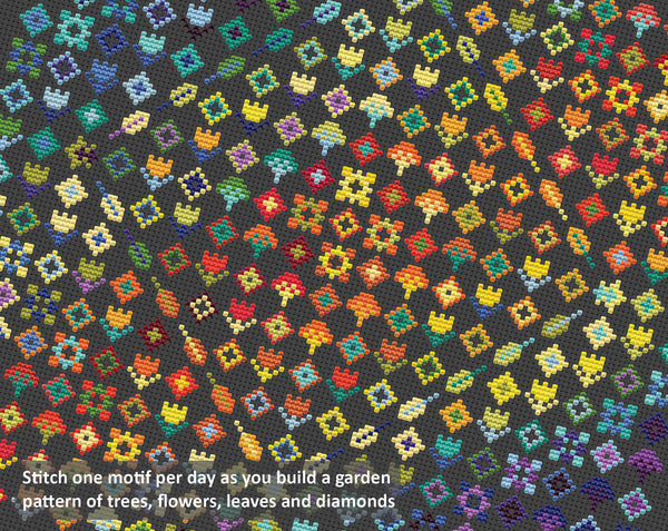 Rainbow Temperature Garden cross stitch pattern - maximum and minimum temperatures version. Stitch one motif per day as you build a garden pattern of trees, flowers, leaves and diamonds.